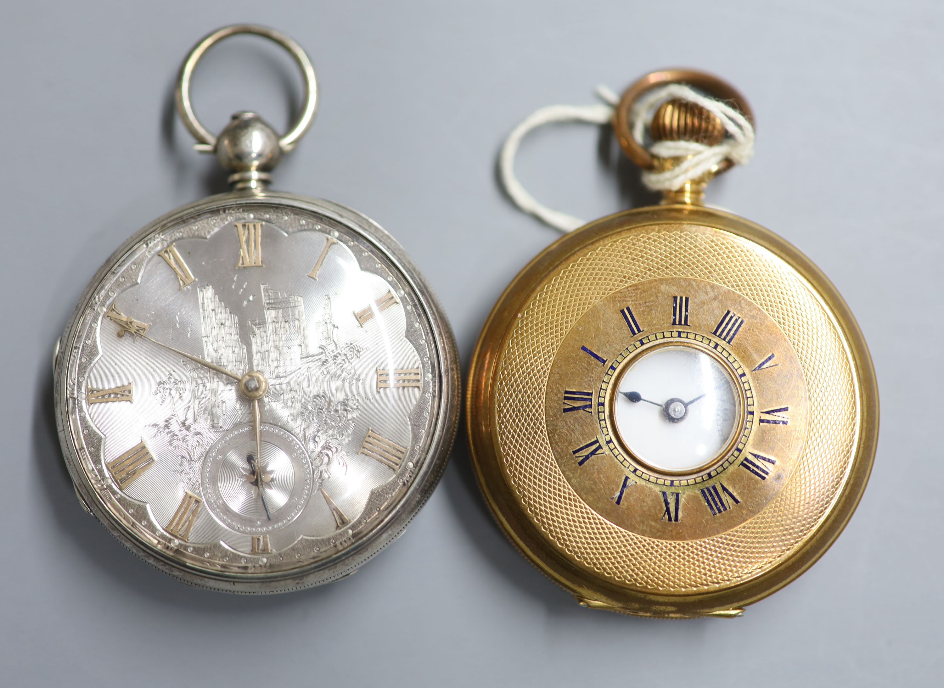 An engine turned gold plated half hunter keyless pocket watch and a 19th century silver pocket watch